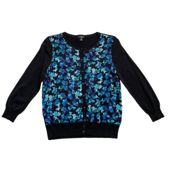 Ann Taylor Cardigan Sweater Black Blue Floral Button Front Cardigan Size MP - Picture 12 of 12